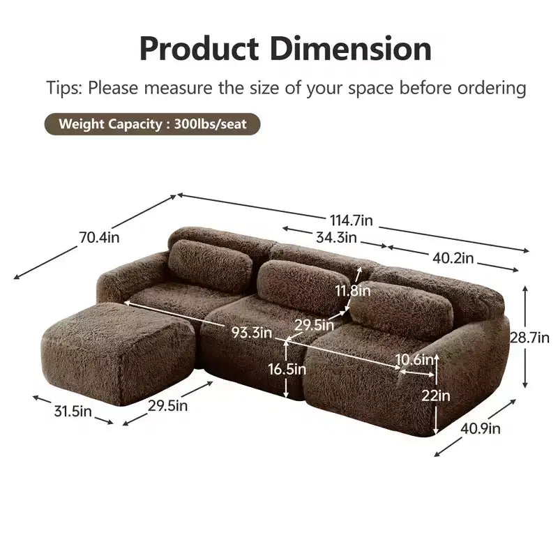 Canapé sectionnel modulaire en peluche FurnitureR avec ottoman, canapé nuage à assise profonde, en forme de L, rembourré pour salon, grand canapé moderne, marron