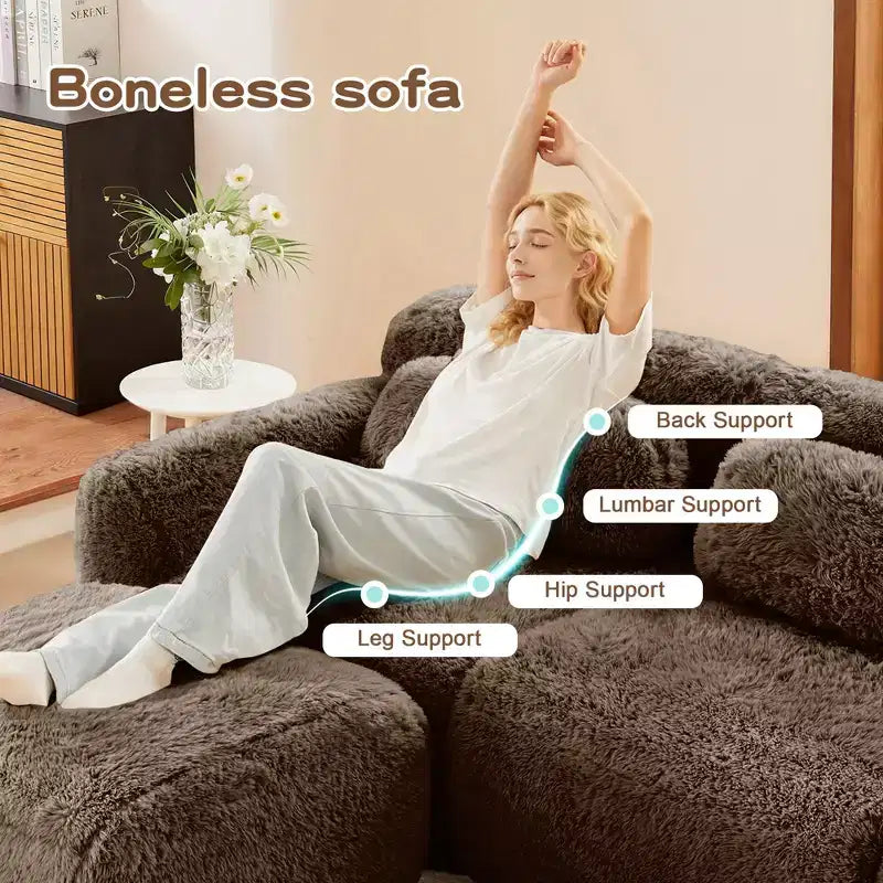 Canapé sectionnel modulaire en peluche FurnitureR avec ottoman, canapé nuage à assise profonde, en forme de L, rembourré pour salon, grand canapé moderne, marron