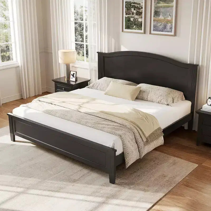 Lit plateforme Whisen avec tête de lit, sommier à lattes en bois et pieds de support
