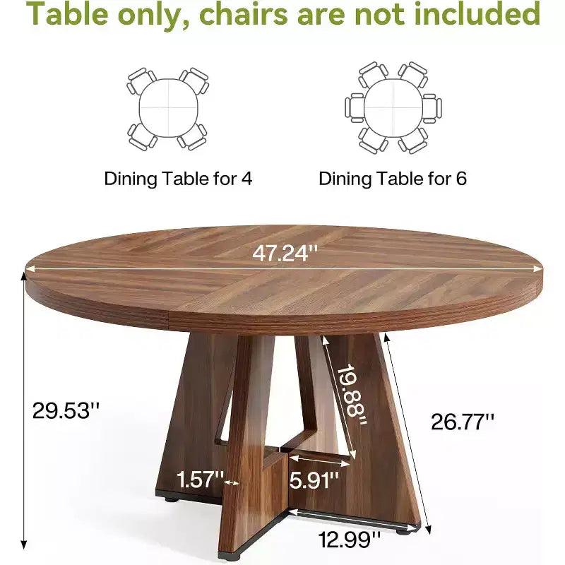 Table à manger ronde de 120 cm pour 4 à 6 personnes, avec pied central en bois, moderne pour salle à manger, cuisine, salon