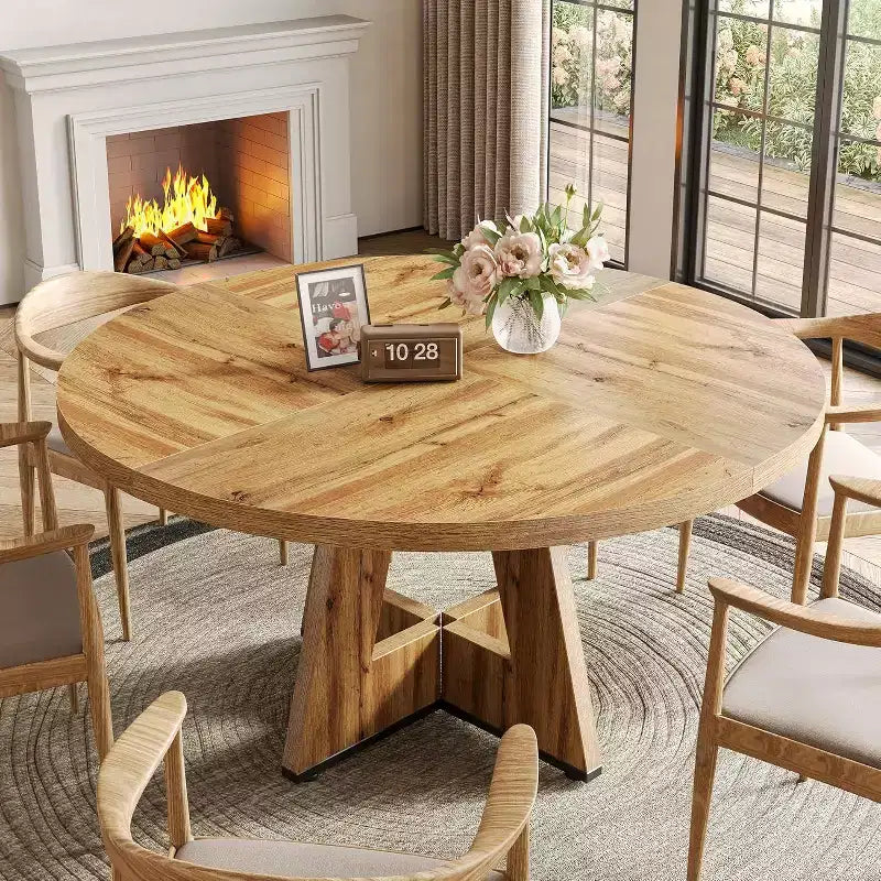 Table à manger ronde de 120 cm pour 4 à 6 personnes, avec pied central en bois, moderne pour salle à manger, cuisine, salon