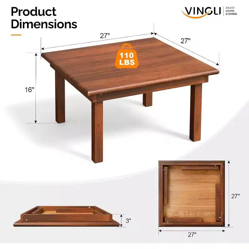 Table basse pliante d'extérieur VINGLI, table basse de patio en bois de peuplier naturel, aucun assemblage requis, idéale pour le balcon, le porche