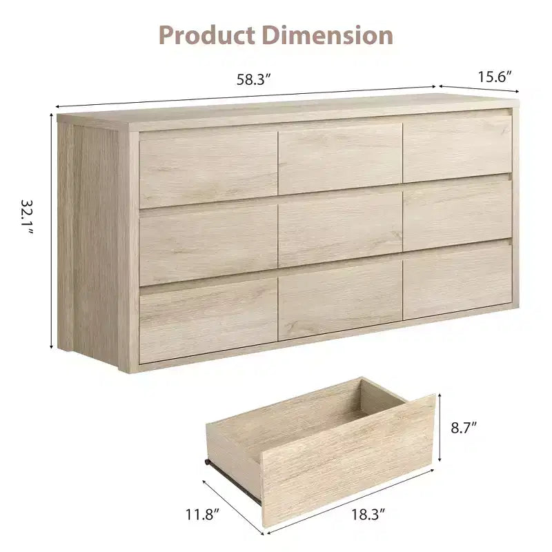 Commode large en bois moderne à 9 tiroirs - Grande commode de rangement pour chambre, salon et entrée