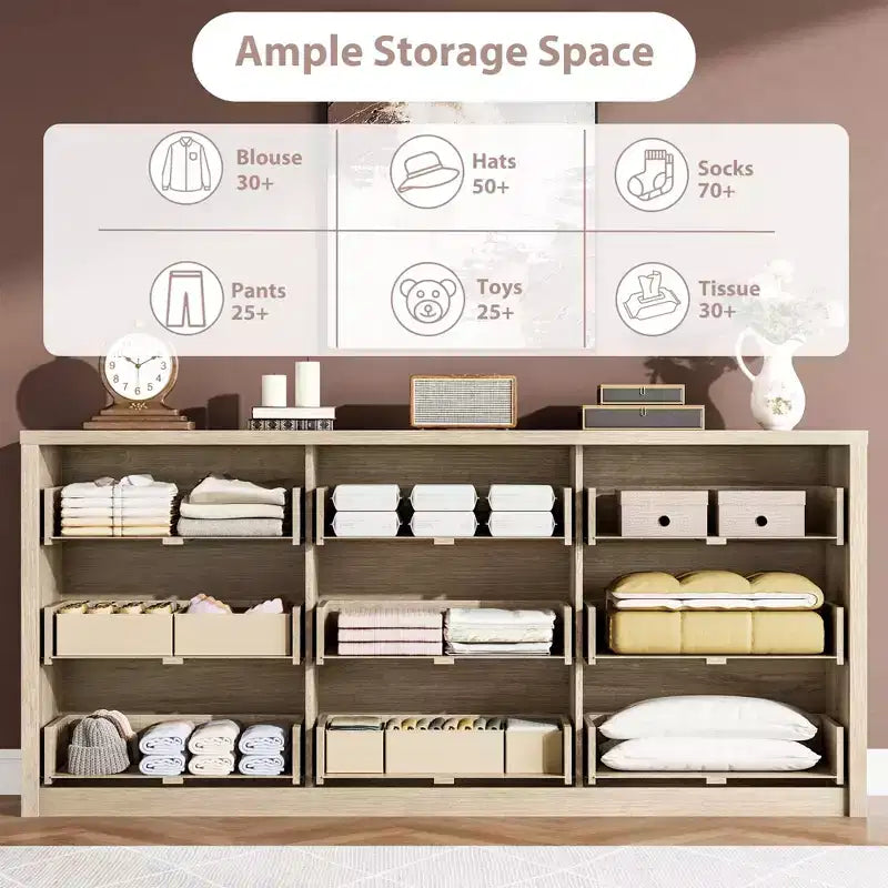 Commode large en bois moderne à 9 tiroirs - Grande commode de rangement pour chambre, salon et entrée