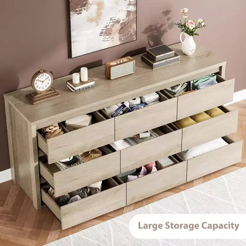 Commode large en bois moderne à 9 tiroirs - Grande commode de rangement pour chambre, salon et entrée