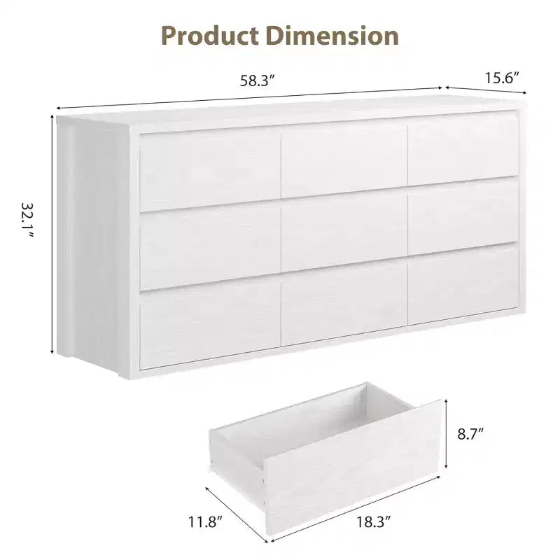 Commode large en bois moderne à 9 tiroirs - Grande commode de rangement pour chambre, salon et entrée