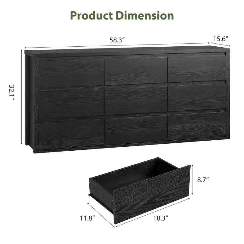 Commode large en bois moderne à 9 tiroirs - Grande commode de rangement pour chambre, salon et entrée
