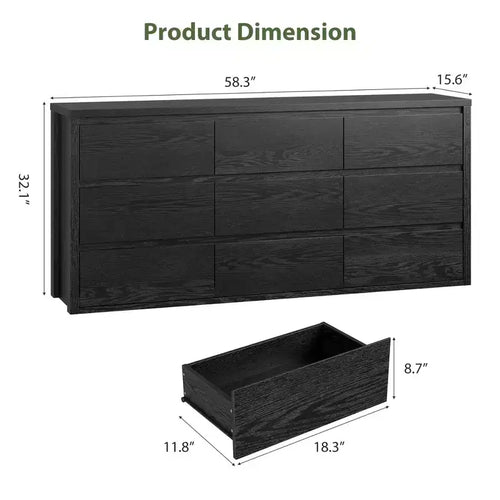 Commode large en bois moderne à 9 tiroirs - Grande commode de rangement pour chambre, salon et entrée