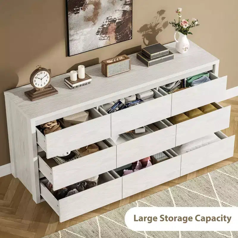 Commode large en bois moderne à 9 tiroirs - Grande commode de rangement pour chambre, salon et entrée