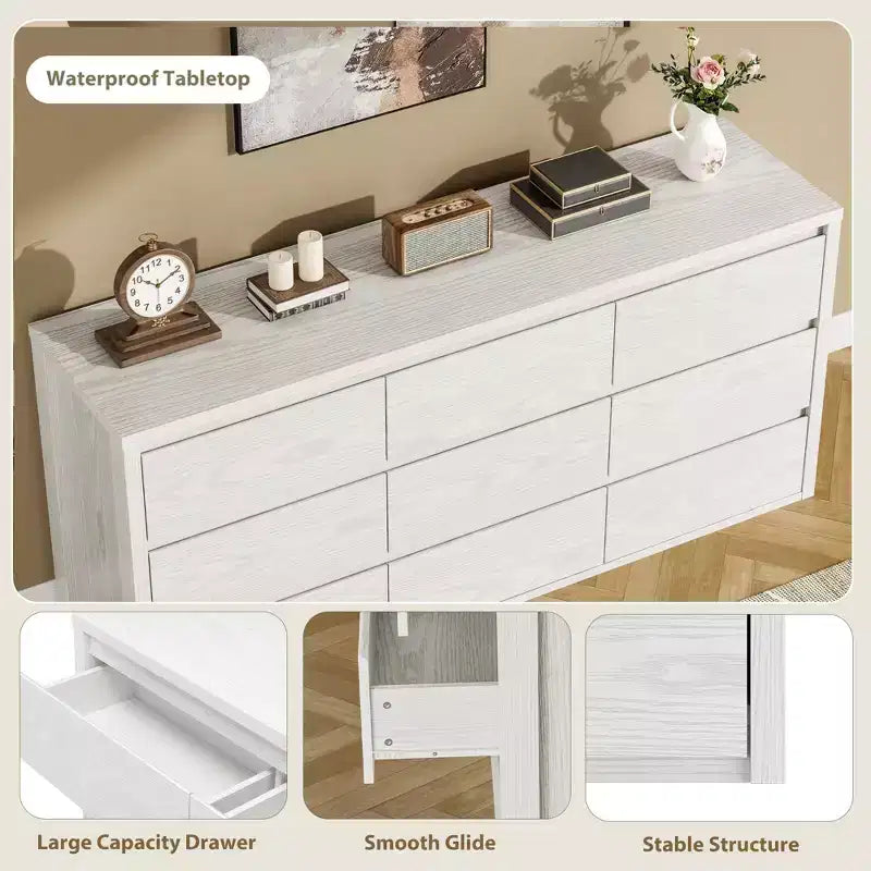 Commode large en bois moderne à 9 tiroirs - Grande commode de rangement pour chambre, salon et entrée