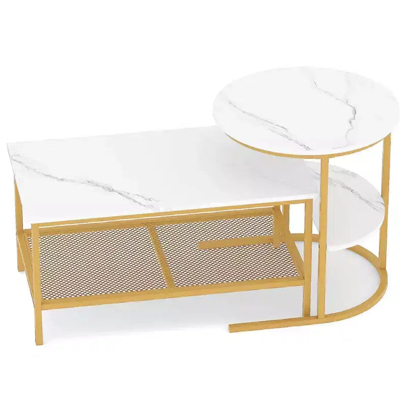 Costway Lot de 2 tables basses, table basse rectangulaire à 2 niveaux et table d'appoint, blanc et or/marron rustique et noir/blanc et noir