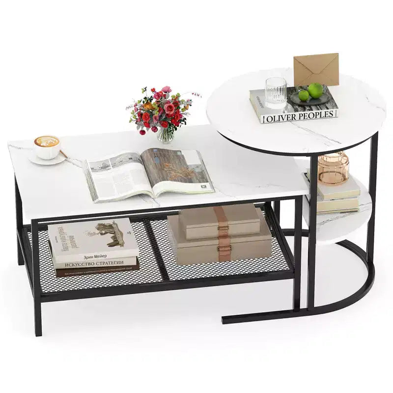 Costway Lot de 2 tables basses, table basse rectangulaire à 2 niveaux et table d'appoint, blanc et or/marron rustique et noir/blanc et noir
