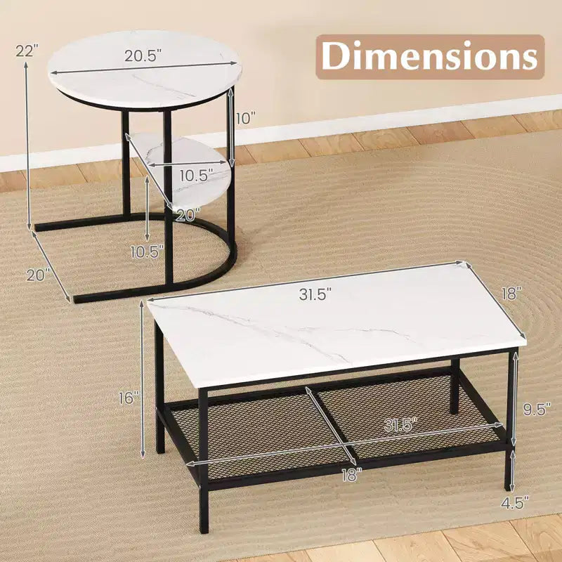 Costway Lot de 2 tables basses, table basse rectangulaire à 2 niveaux et table d'appoint, blanc et or/marron rustique et noir/blanc et noir