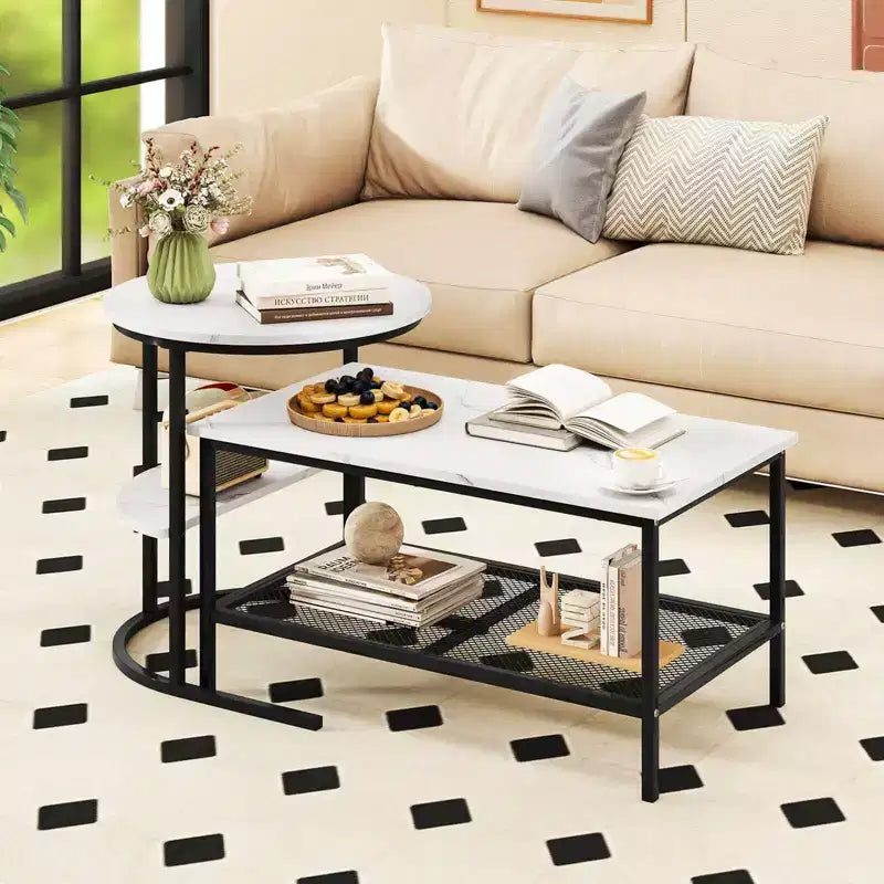 Costway Lot de 2 tables basses, table basse rectangulaire à 2 niveaux et table d'appoint, blanc et or/marron rustique et noir/blanc et noir