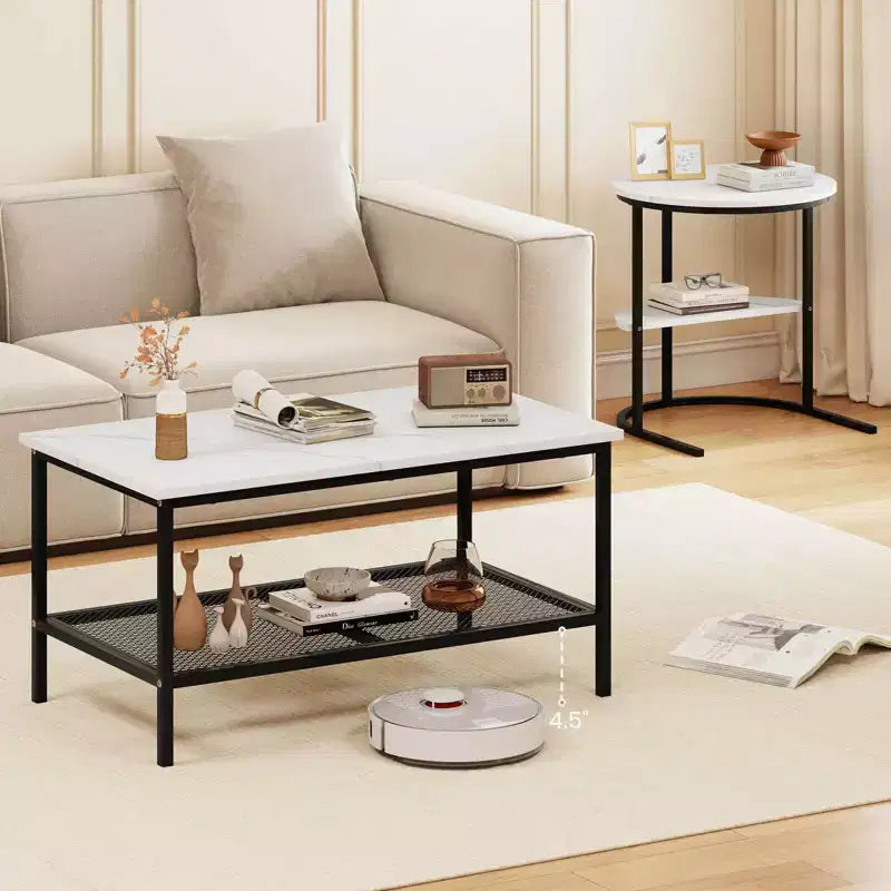 Costway Lot de 2 tables basses, table basse rectangulaire à 2 niveaux et table d'appoint, blanc et or/marron rustique et noir/blanc et noir