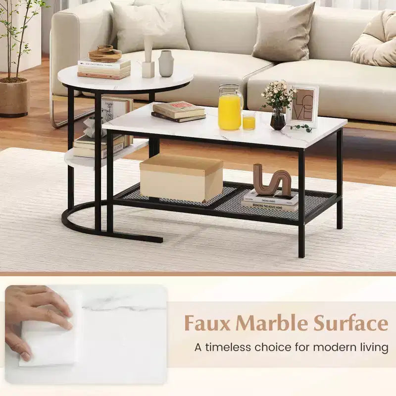 Costway Lot de 2 tables basses, table basse rectangulaire à 2 niveaux et table d'appoint, blanc et or/marron rustique et noir/blanc et noir