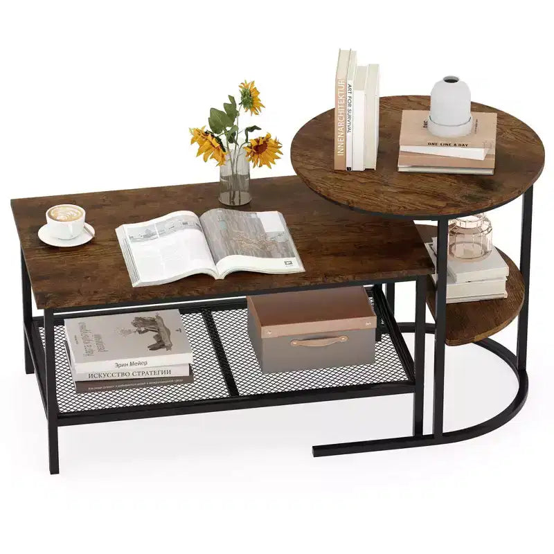 Costway Lot de 2 tables basses, table basse rectangulaire à 2 niveaux et table d'appoint, blanc et or/marron rustique et noir/blanc et noir