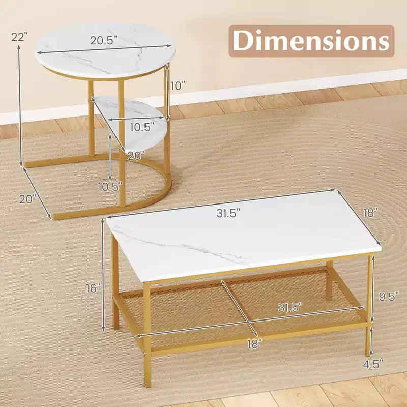 Costway Lot de 2 tables basses, table basse rectangulaire à 2 niveaux et table d'appoint, blanc et or/marron rustique et noir/blanc et noir