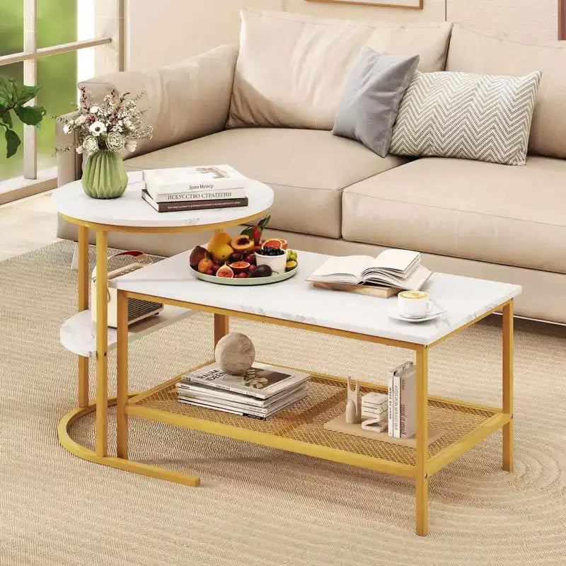 Costway Lot de 2 tables basses, table basse rectangulaire à 2 niveaux et table d'appoint, blanc et or/marron rustique et noir/blanc et noir