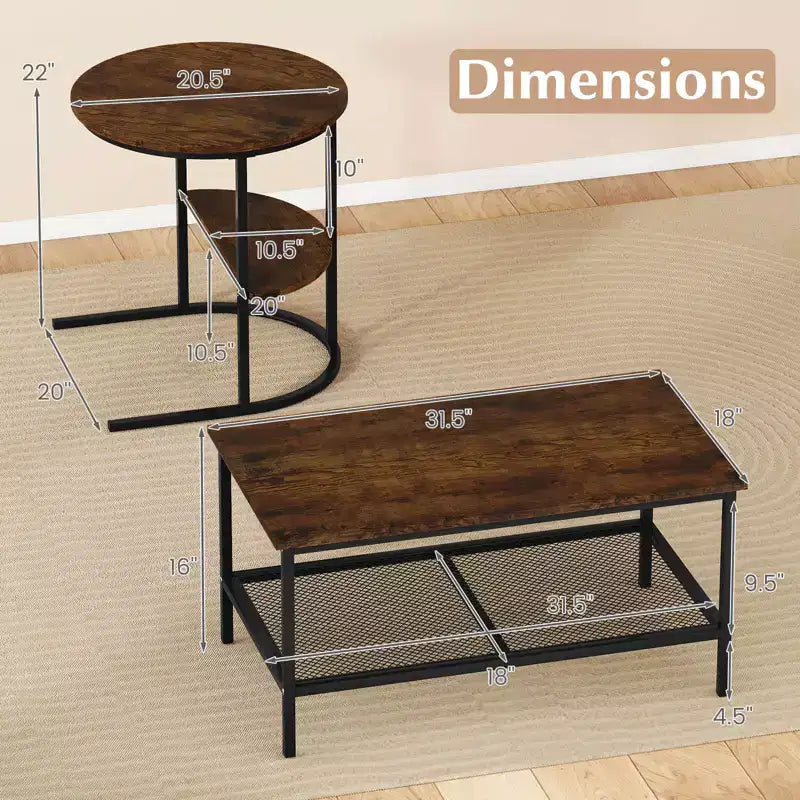 Costway Lot de 2 tables basses, table basse rectangulaire à 2 niveaux et table d'appoint, blanc et or/marron rustique et noir/blanc et noir