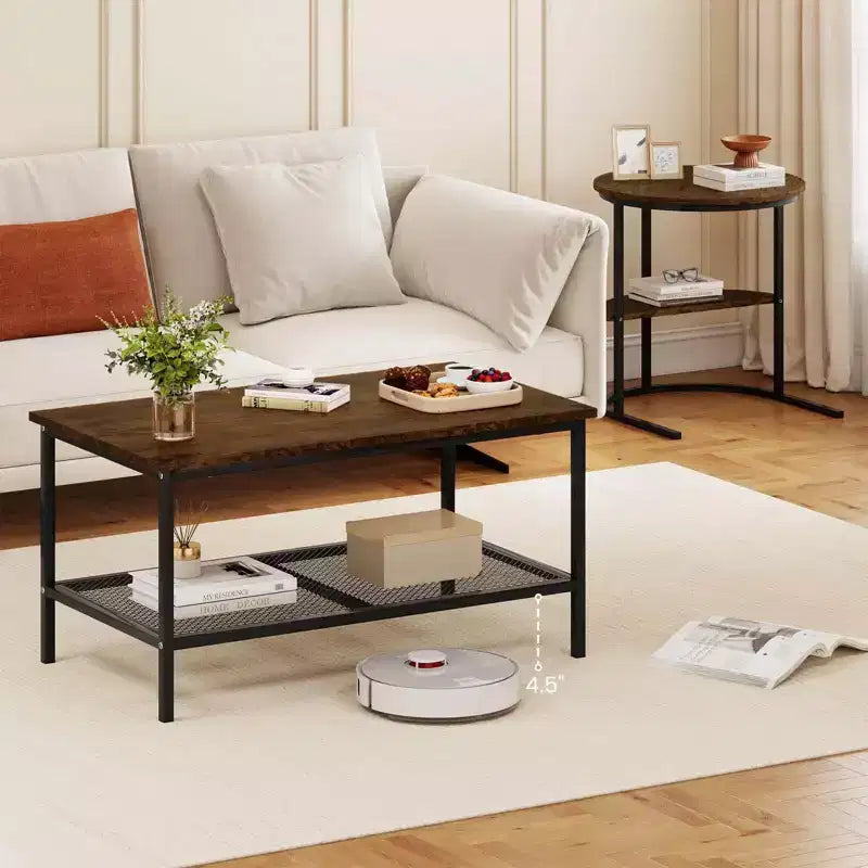 Costway Lot de 2 tables basses, table basse rectangulaire à 2 niveaux et table d'appoint, blanc et or/marron rustique et noir/blanc et noir