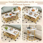 Costway Lot de 2 tables basses, table basse rectangulaire à 2 niveaux et table d'appoint, blanc et or/marron rustique et noir/blanc et noir