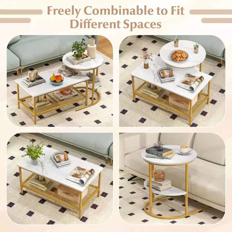 Costway Lot de 2 tables basses, table basse rectangulaire à 2 niveaux et table d'appoint, blanc et or/marron rustique et noir/blanc et noir