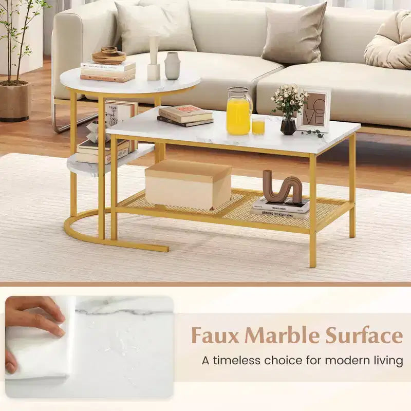 Costway Lot de 2 tables basses, table basse rectangulaire à 2 niveaux et table d'appoint, blanc et or/marron rustique et noir/blanc et noir