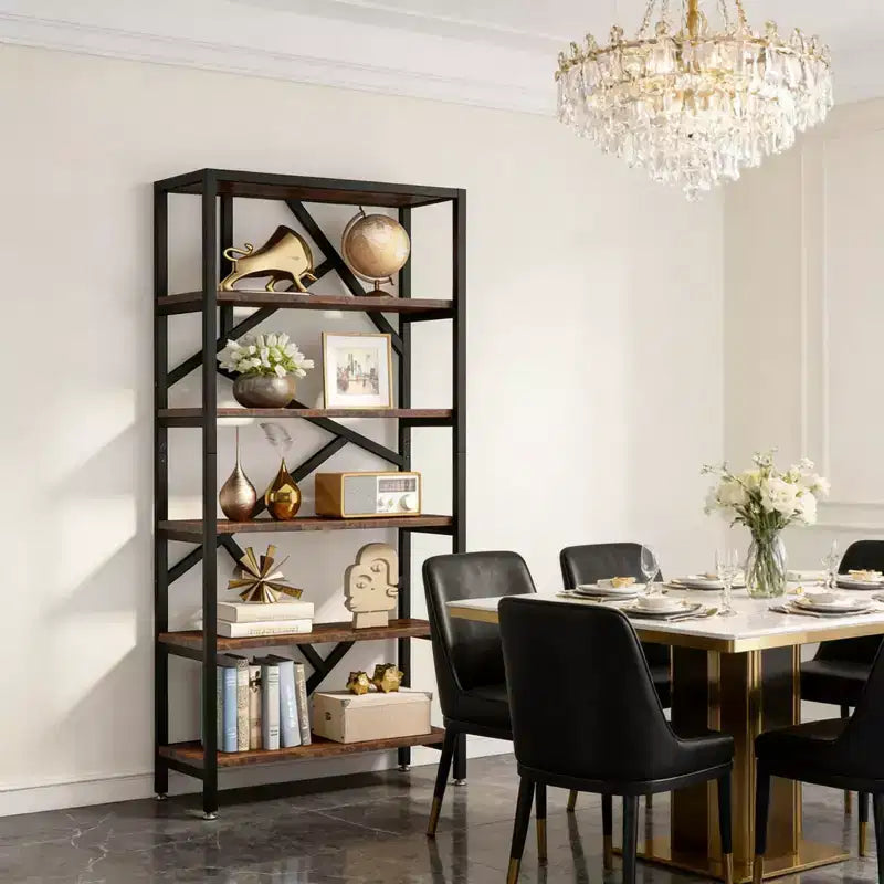NAYSAYE Étagère moderne à 6 niveaux en métal et bois, étagère ouverte, organisateur de rangement robuste pour salon, bureau, noir, 31,52*11,82*70,92