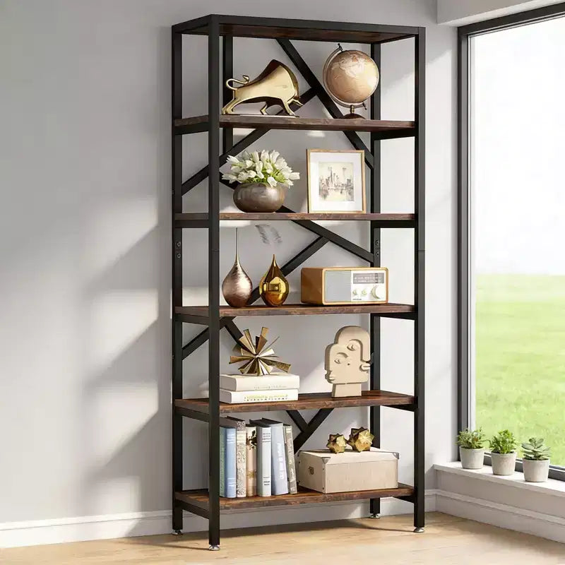 NAYSAYE Étagère moderne à 6 niveaux en métal et bois, étagère ouverte, organisateur de rangement robuste pour salon, bureau, noir, 31,52*11,82*70,92