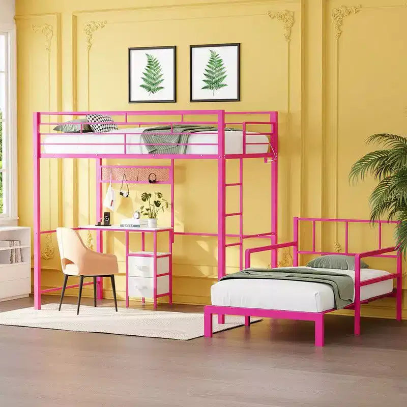 Lit superposé métallique double Karl Home avec bureau, tiroirs, bande LED, station de recharge USB, garde-corps et échelle