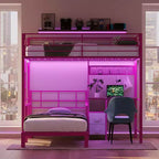 Lit superposé métallique double Karl Home avec bureau, tiroirs, bande LED, station de recharge USB, garde-corps et échelle