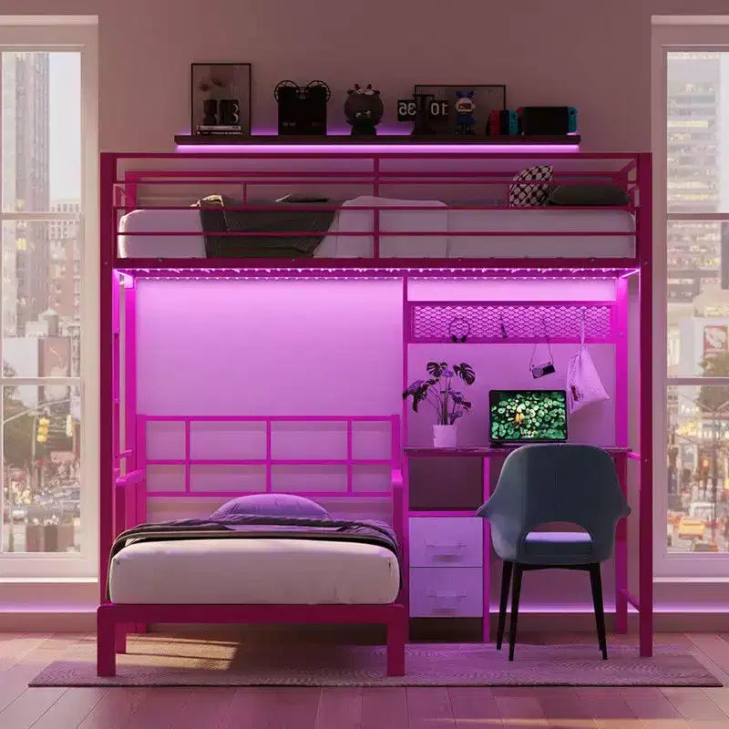 Lit superposé métallique double Karl Home avec bureau, tiroirs, bande LED, station de recharge USB, garde-corps et échelle