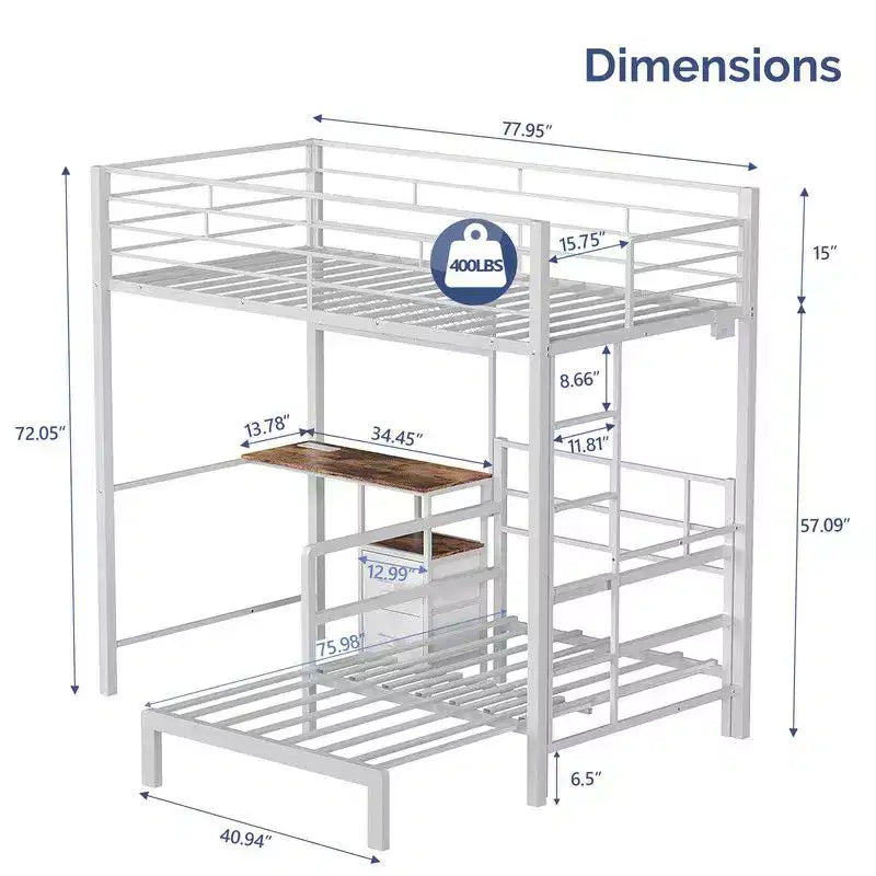 Lit superposé métallique double Karl Home avec bureau, tiroirs, bande LED, station de recharge USB, garde-corps et échelle