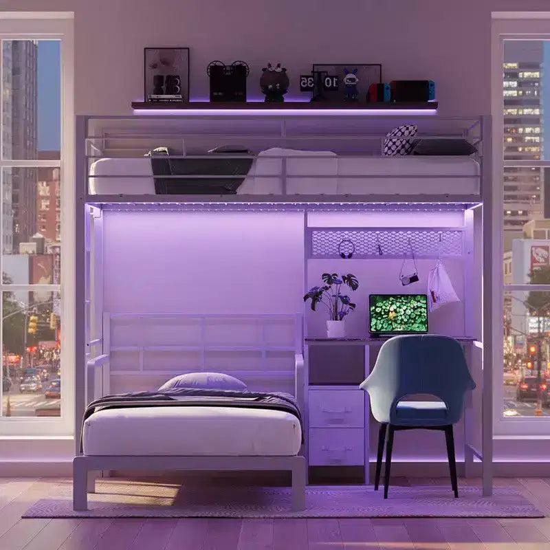 Lit superposé métallique double Karl Home avec bureau, tiroirs, bande LED, station de recharge USB, garde-corps et échelle