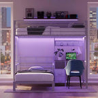 Lit superposé métallique double Karl Home avec bureau, tiroirs, bande LED, station de recharge USB, garde-corps et échelle