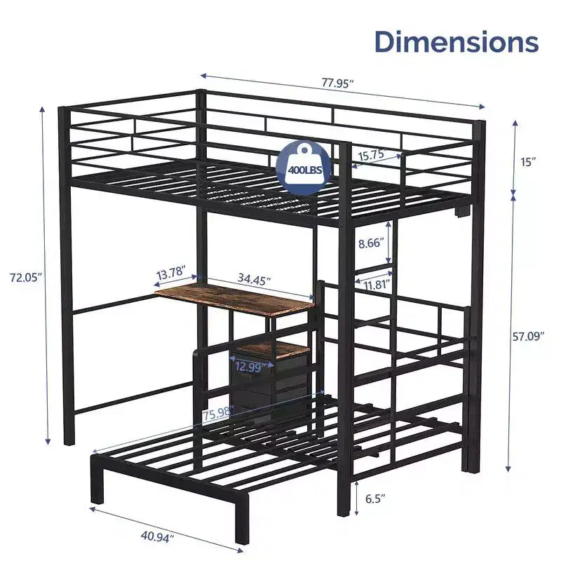 Lit superposé métallique double Karl Home avec bureau, tiroirs, bande LED, station de recharge USB, garde-corps et échelle