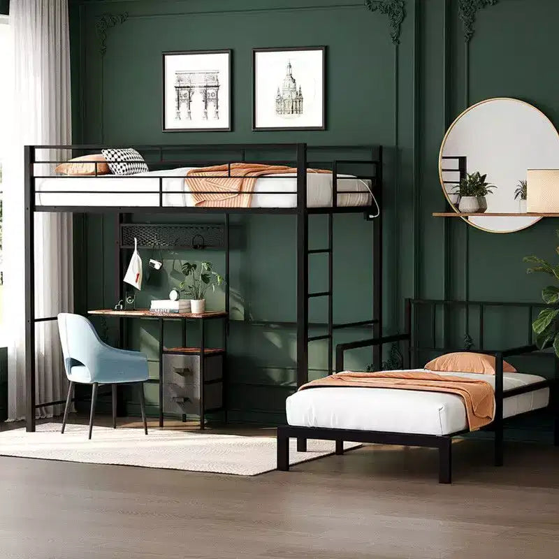 Lit superposé métallique double Karl Home avec bureau, tiroirs, bande LED, station de recharge USB, garde-corps et échelle