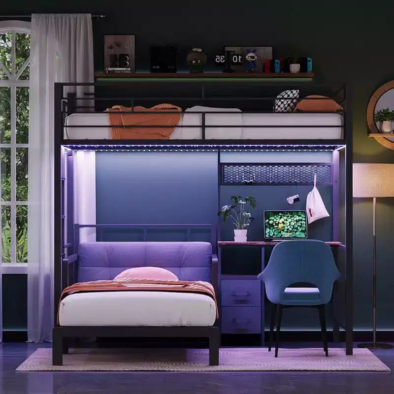 Lit superposé métallique double Karl Home avec bureau, tiroirs, bande LED, station de recharge USB, garde-corps et échelle