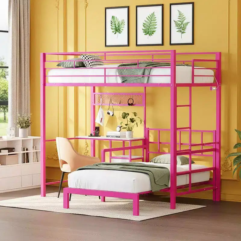 Lit superposé métallique double Karl Home avec bureau, tiroirs, bande LED, station de recharge USB, garde-corps et échelle