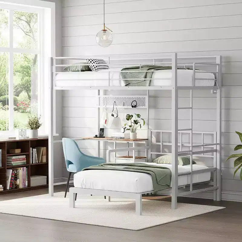 Karl Home Twin Size Metal Bunk bed with Desk,Drawers,LED Strip,USB Charging Station, Guardrails and Ladder