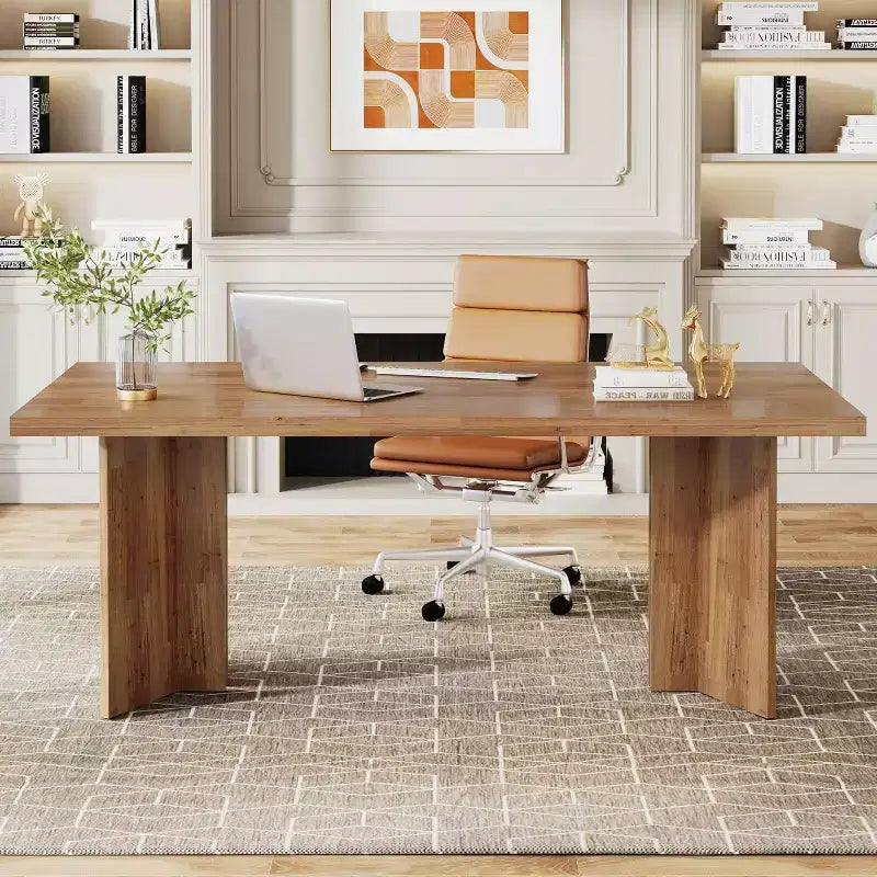Bureau de direction Lantine 63 pouces, bureau d'ordinateur vintage avec grand plateau, table d'écriture en bois style rustique pour bureau à domicile, marron foncé