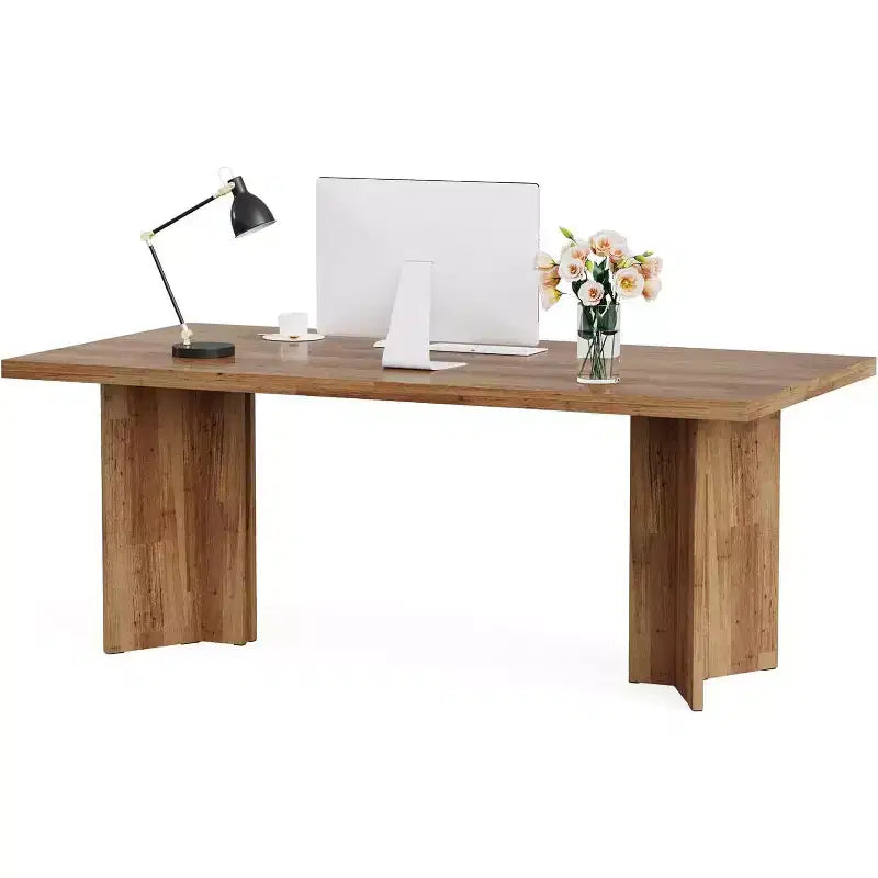 Bureau de direction Lantine 63 pouces, bureau d'ordinateur vintage avec grand plateau, table d'écriture en bois style rustique pour bureau à domicile, marron foncé