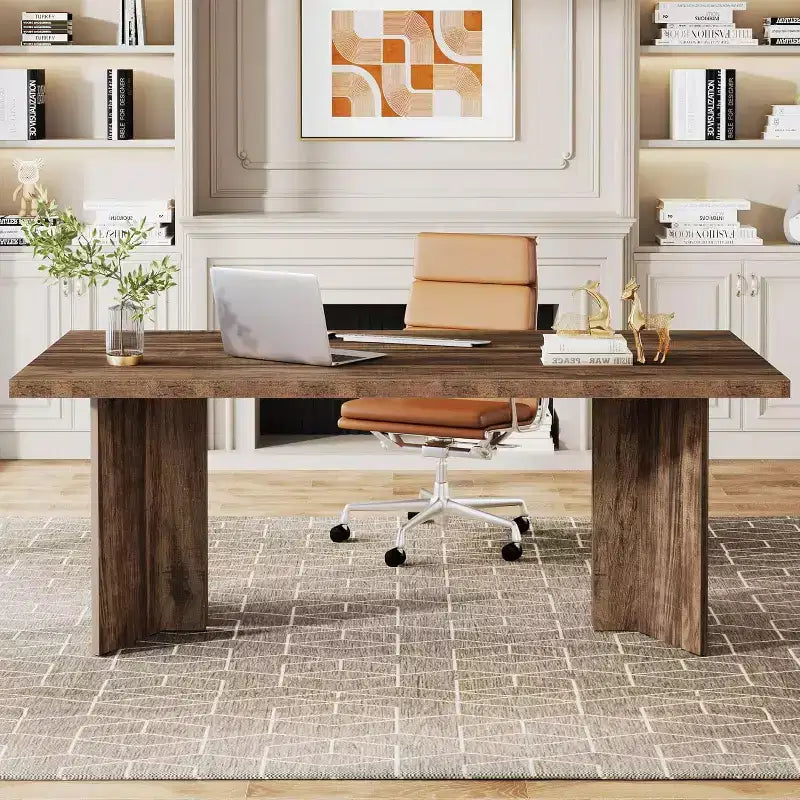 Bureau de direction Lantine 63 pouces, bureau d'ordinateur vintage avec grand plateau, table d'écriture en bois style rustique pour bureau à domicile, marron foncé
