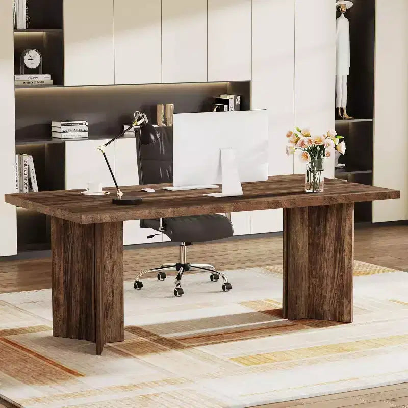 Lantine 63-inch Executive Desk, Vintage Office Computer Desk with Large Tabletop, Farmhouse Wood Writing Table Workstation for Home Office, Dark Brown