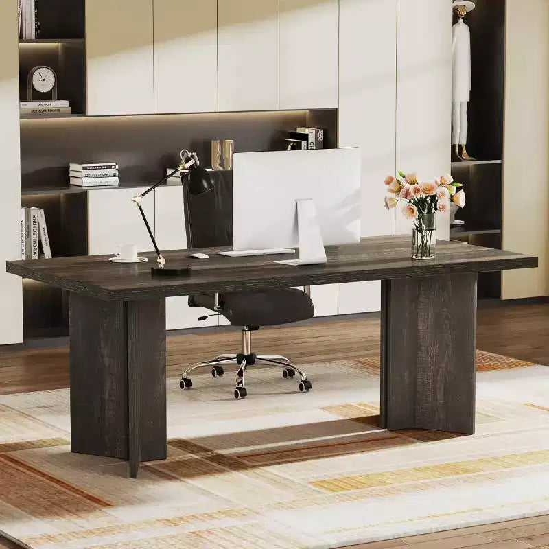 Bureau de direction Lantine 63 pouces, bureau d'ordinateur vintage avec grand plateau, table d'écriture en bois style rustique pour bureau à domicile, marron foncé
