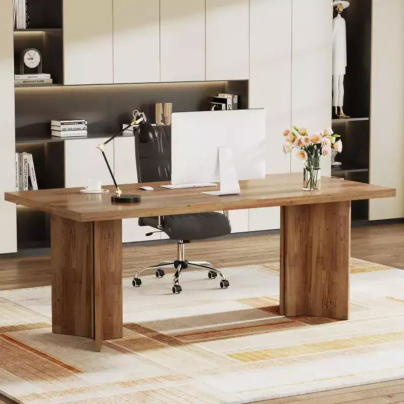 Bureau de direction Lantine 63 pouces, bureau d'ordinateur vintage avec grand plateau, table d'écriture en bois style rustique pour bureau à domicile, marron foncé