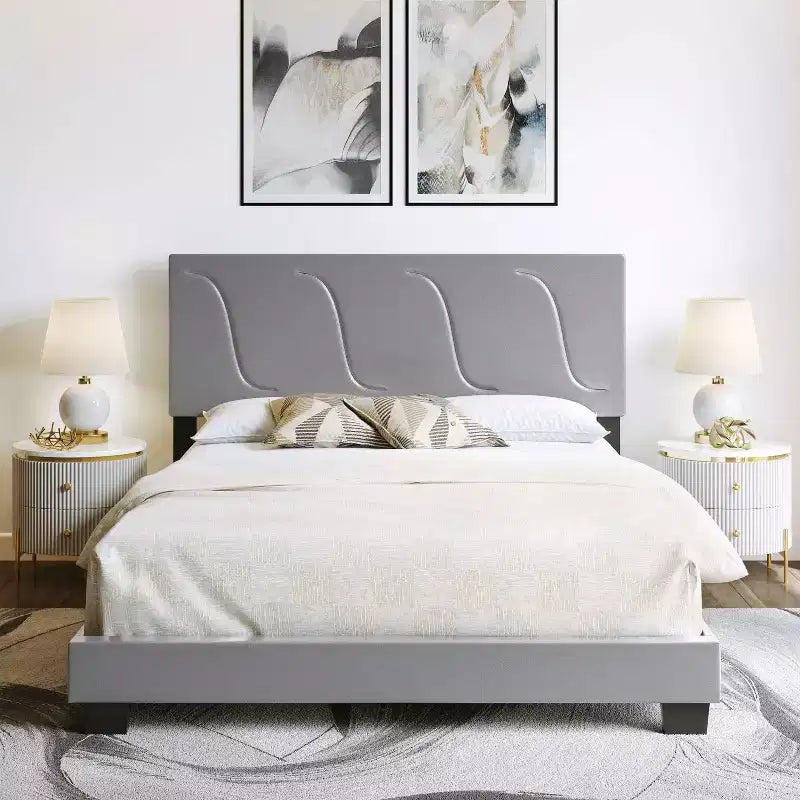 Cadre de lit plateforme capitonné Boyd Sleep VMI0404GYEK Brussels en similicuir taille King avec tête de lit décorative et support à lattes en bois