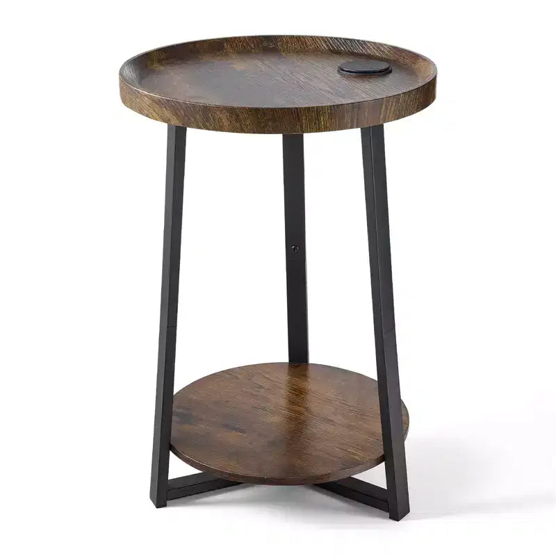 VEVOR End Table, 2-Tier Round Side Table with Open Storage Shelves, Modern Nightstand Bedside Desk with USB & AC Charging Port, Wood, Brown & Black
