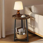 Table d'appoint VEVOR, table d'appoint ronde à 2 niveaux avec étagères de rangement ouvertes, table de chevet moderne avec port de chargement USB et CA, bois, marron et noir
